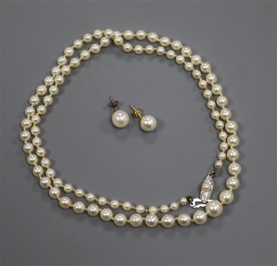 A Mikimoto single strand graduated cultured pearl necklace with white metal clasp, with box, necklace 53cm.